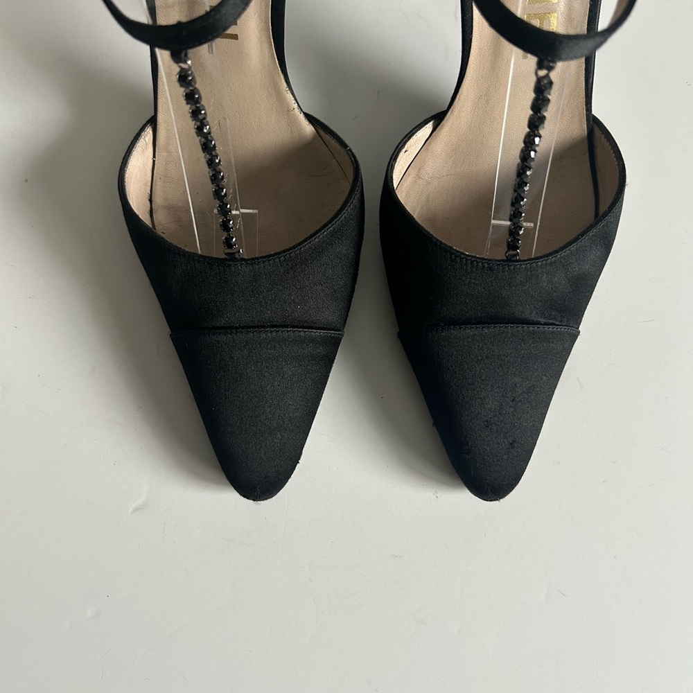 CHANEL Vintage Black Silk Satin T-Strap Heels Rhinestone Detail Karl Lagerfeld - Picture 3 of 13